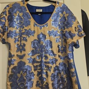 Tracy Reese Blue Sequin Embellished Gold Short Sleeve Top